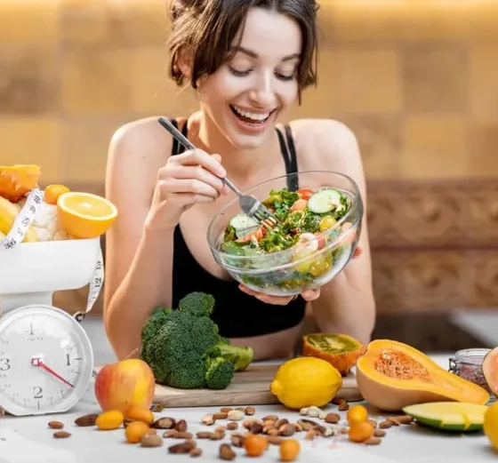 A prepared salad bowl on a kitchen counter