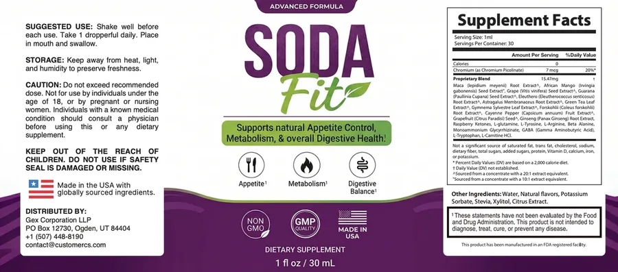 SodaFit supplement facts panel photographed from the bottle